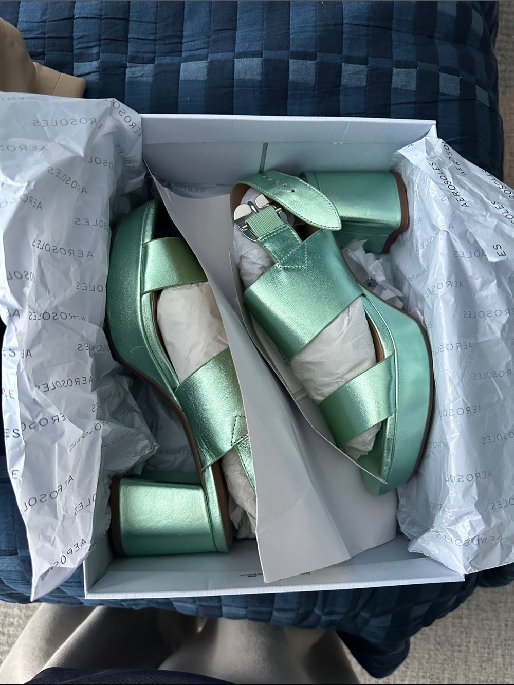 Aerosoles Camera Metallic Mint Green Block Heel Sandals - Women